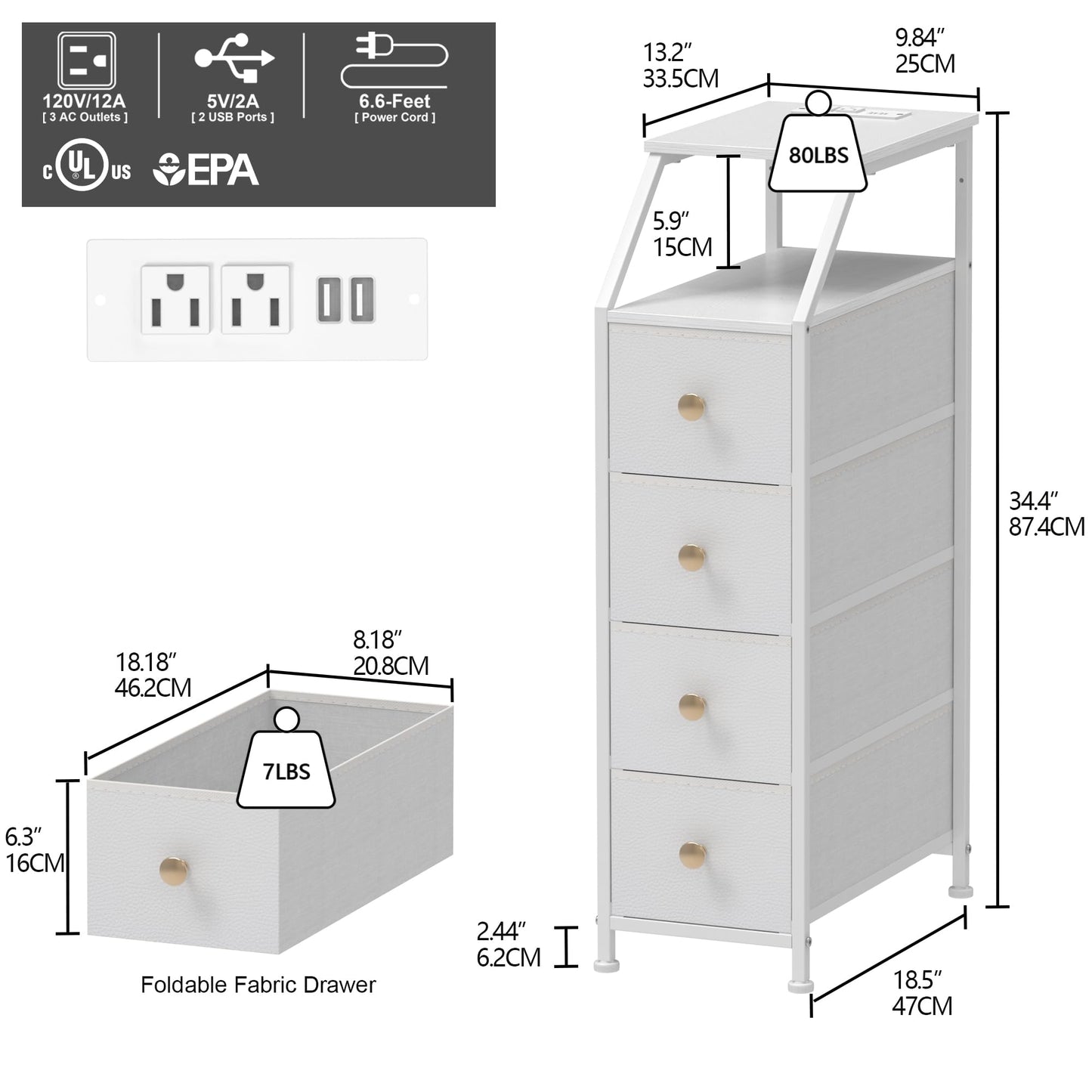 Tohomeor Narrow Dresser Tall Skinny Storage Tower Vertical Slim Chest of Drawers with Charging Station Small Nightstand Side Table for Bedroom, Bathroom, Small Spaces (White, 4 Drawers)