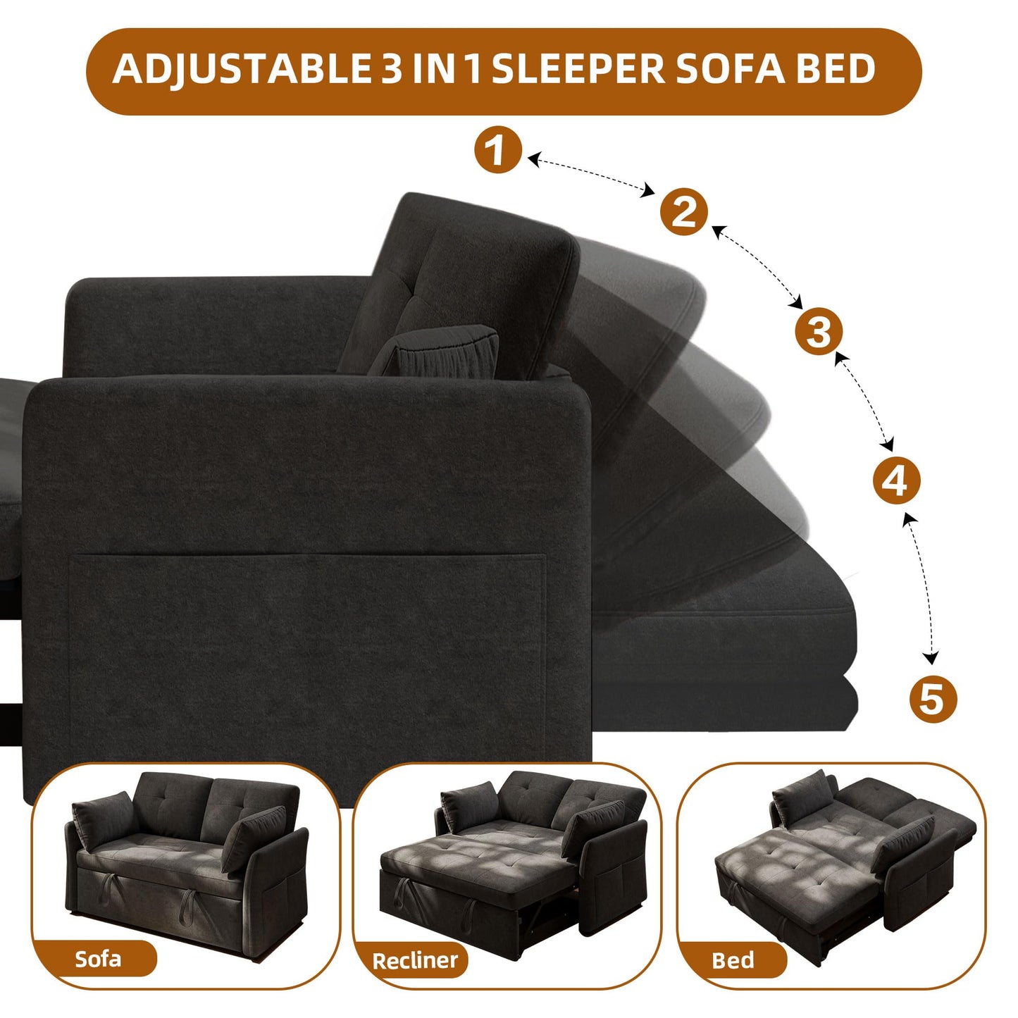 DEYGIA 3 in 1 Convertible Sleeper Sofa Bed, 53" Pull Out Couch with Adjustable Backrest,Storage Pockets and Toolless Assembly. Futon Couch for Living Room, Bedroom. (Black)