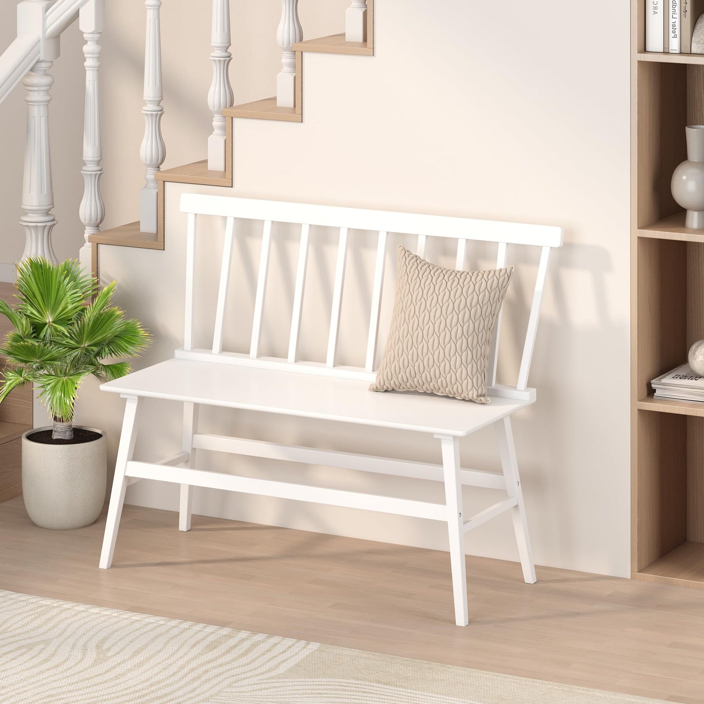 Wisuce Essentials Bamboo Dining Bench, Black Entryway Bench with Spindle Back Farmhouse Wood Windsor for Foyer Balcony Living Room (White)