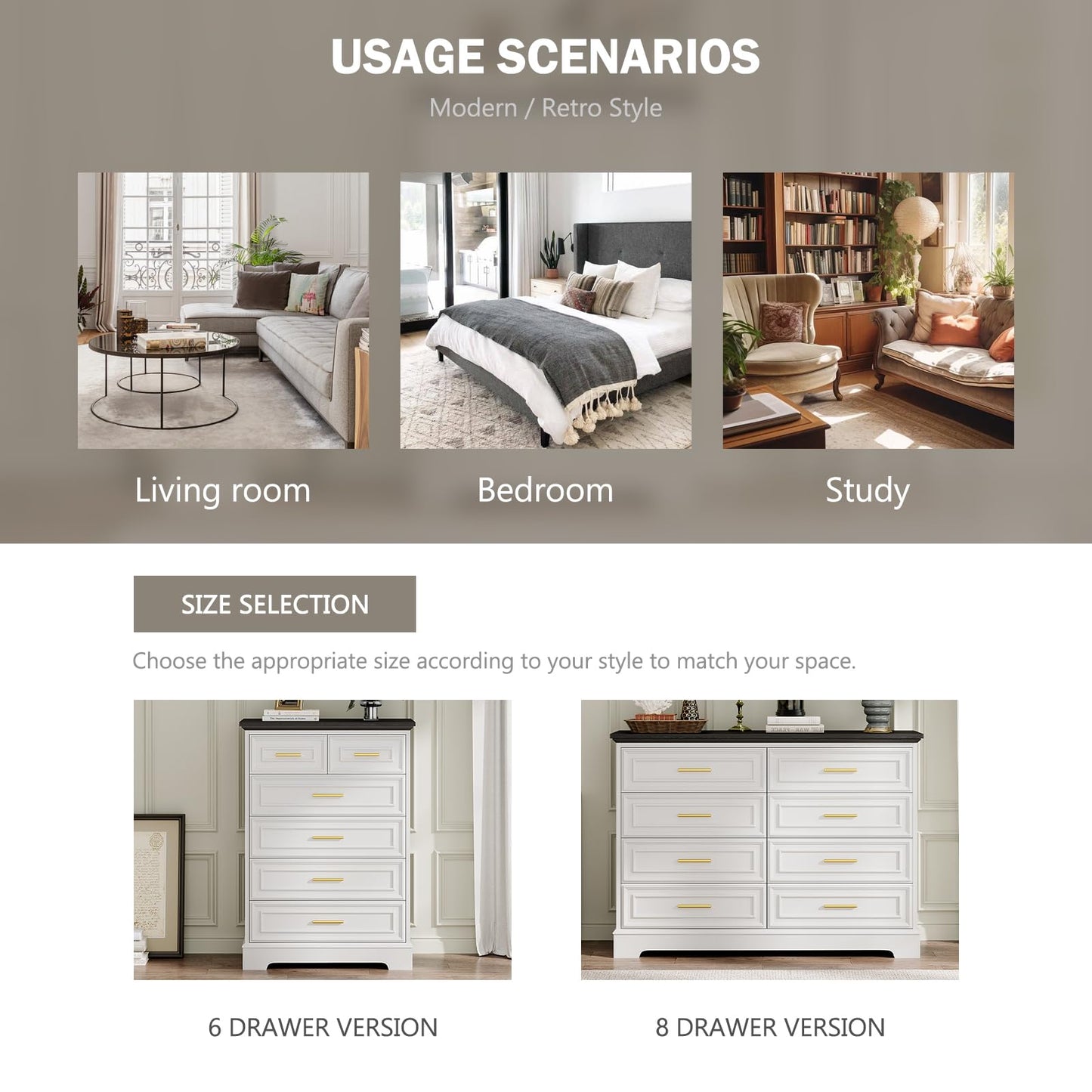 Virabit White Dresser for Bedroom with 6 Drawers, 44" Tall Wooden Farmhouse Cabinet, Modern Kids Dresser with Metal Handle, Mid Century Chest of Organizer for Closet, Living Room, Hallway