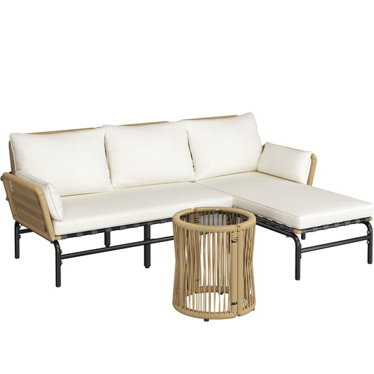 Yaheetech 3 Pieces L-Shaped Conversation Sofa Set, Outdoor Patio Furniture Set w/Detachable Lounger, Thick Cushions, Glass Side Table for Patio, Backyard, Porch, Garden