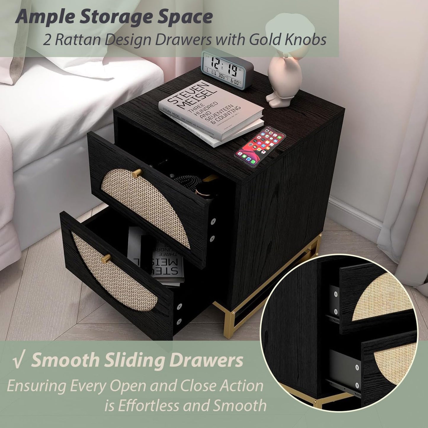 vistavie Rattan Nightstand with 2 Drawers, Wooden End Table Rattan Weaving Bedside Table Accent,Rustic Side Table Night Stand with Storage,for Living Room Bedroom (Black, Set of 2)