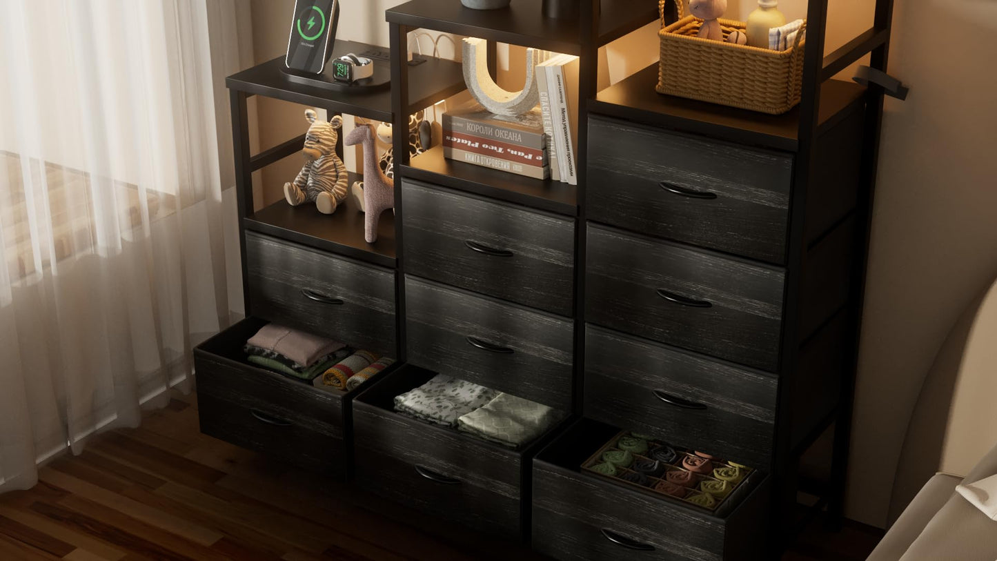 HPWLYO 9 Drawer Dresser with LED Light, Tall Fabric Drawers Dresser for Bedroom with Power Outlets, Dressers & Chests of Drawers with 3 Shelves for Bedroom