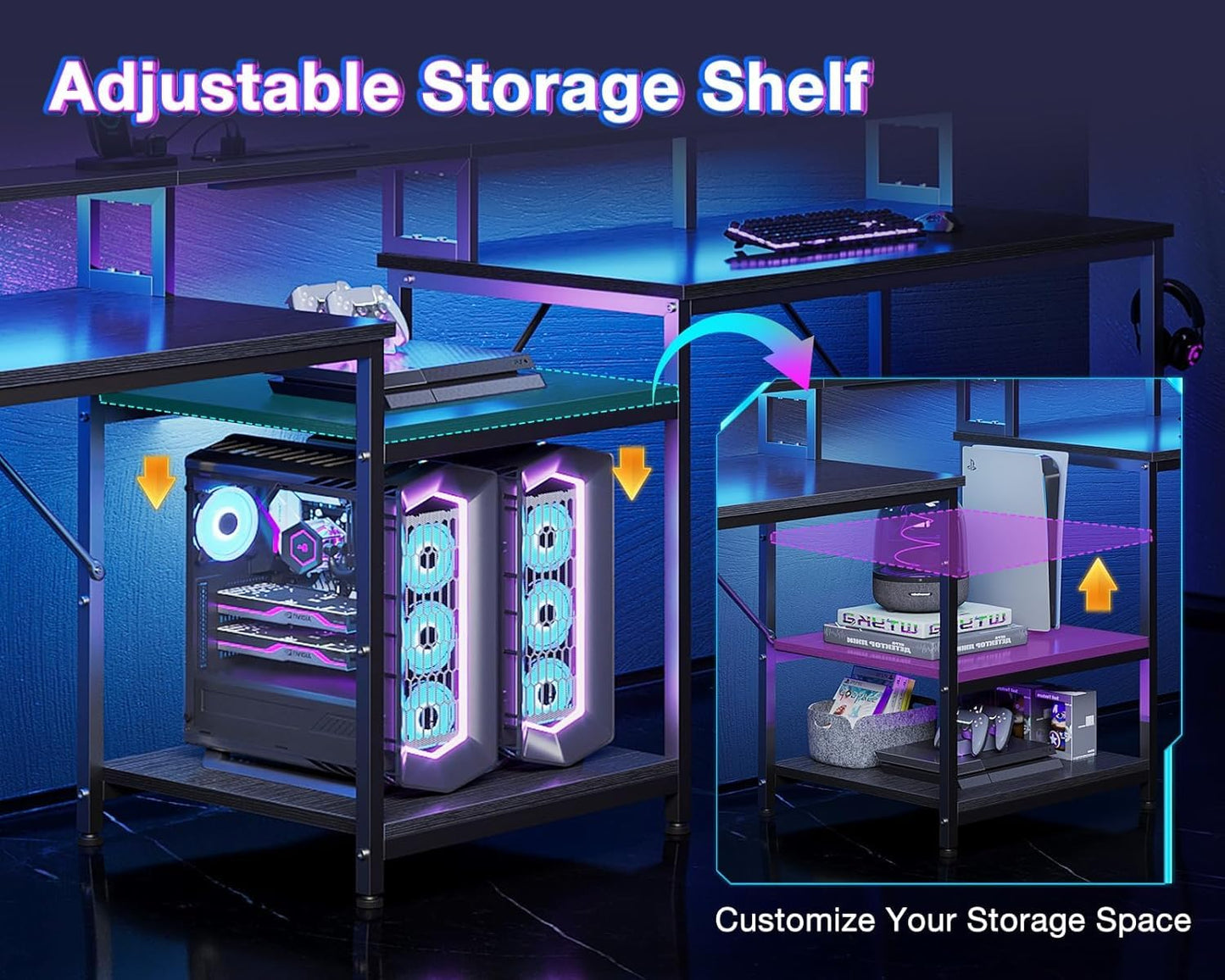 Casaottima 98 Inch 2 Person Gaming Desk with Storage Shelves, Long Double Home Office Computer Writing Desks with USB Charging Port & LED Lights, Monitor Stand, Modern Study/Work Table,Black