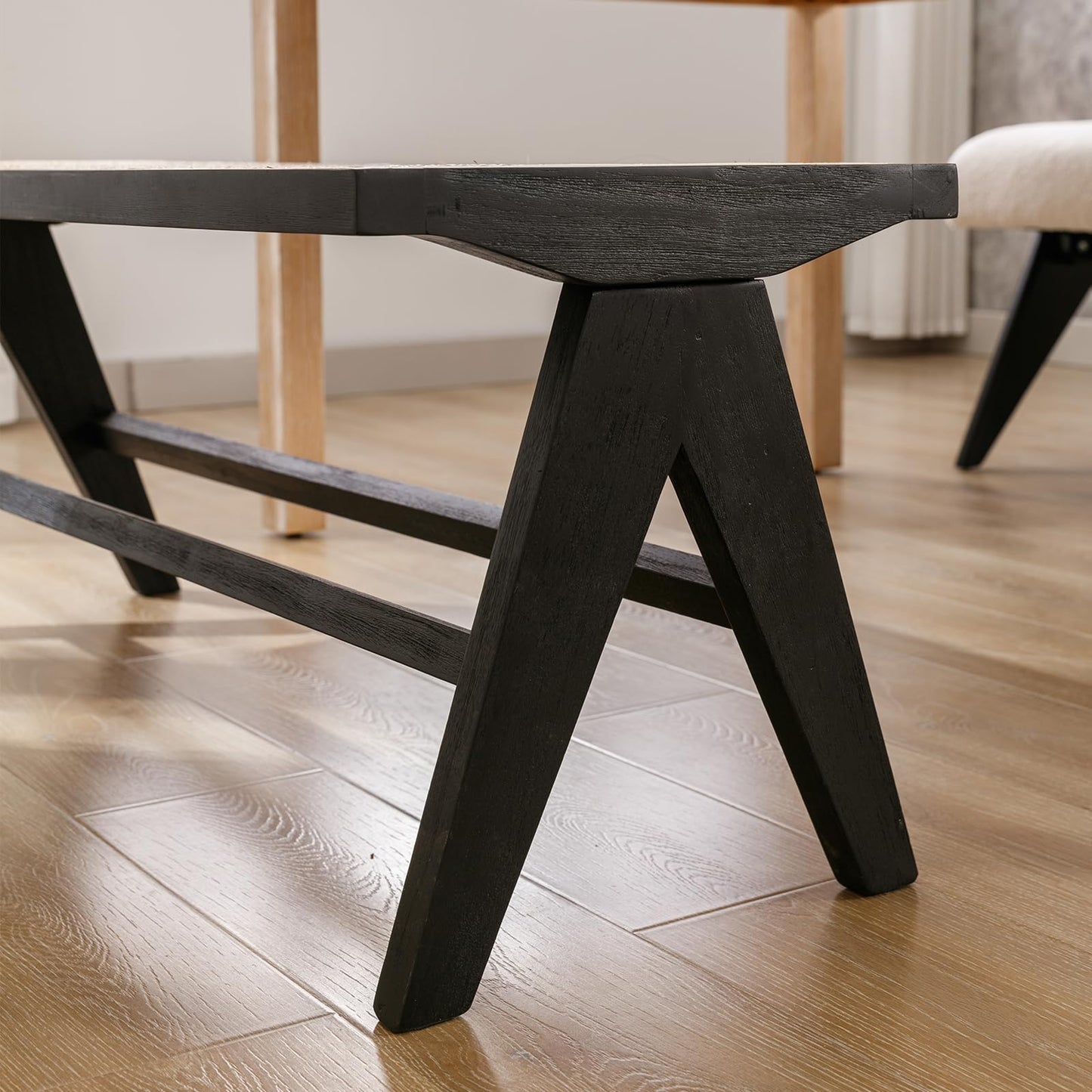 ZH4YOU 45 Inch Black Rattan Dining Bench, Farmhouse Woven Benches for Bedroom, Accent Entryway Long Seat Stool for Hallway/Dining Room/Living Room/Foyer