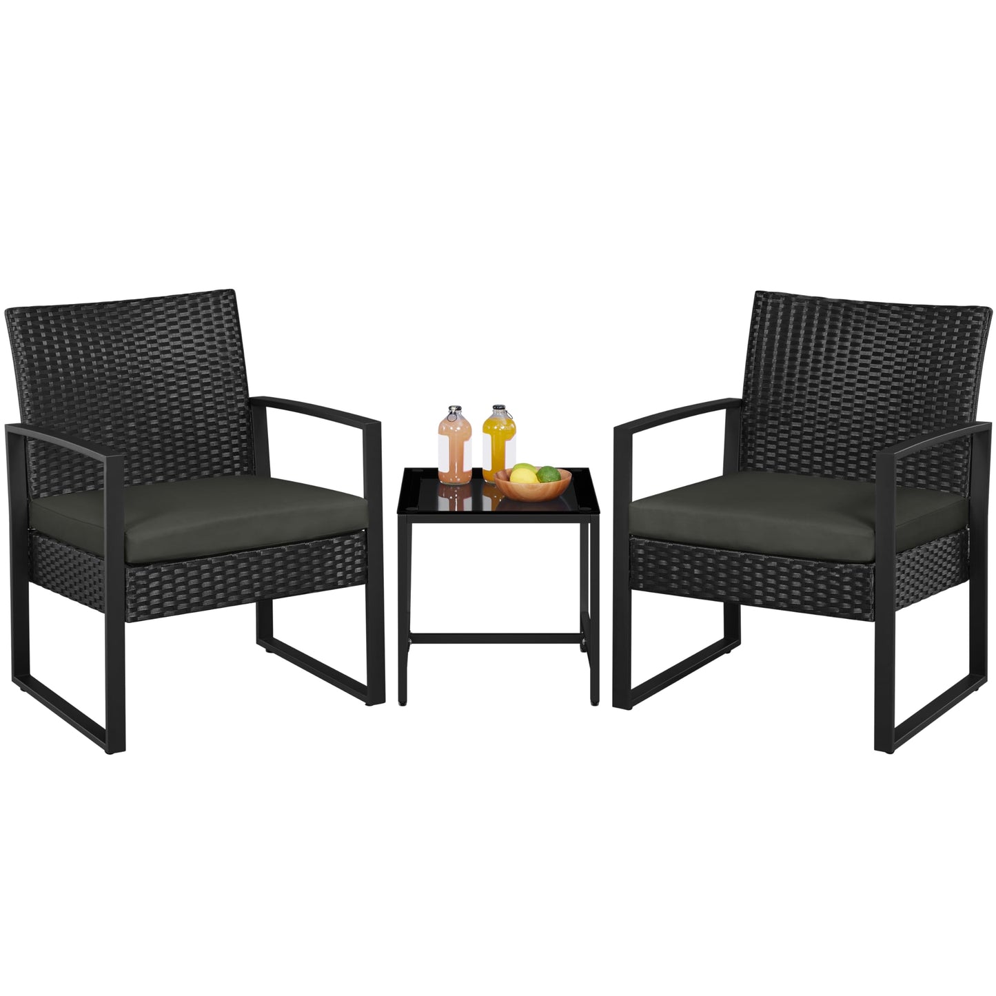 Yaheetech 3 Pieces Rattan Bistro Set, Indoor/Outdoor Wicker Patio Modern Conversation Furniture, 2 Chairs & Tempered Glass Coffee Table for Garden, Balcony, Backyard, Poolside, Black/Gray