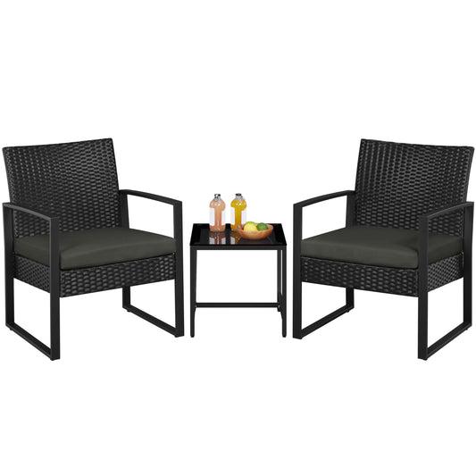 Yaheetech 3 Pieces Rattan Bistro Set, Indoor/Outdoor Wicker Patio Modern Conversation Furniture, 2 Chairs & Tempered Glass Coffee Table for Garden, Balcony, Backyard, Poolside, Black/Gray