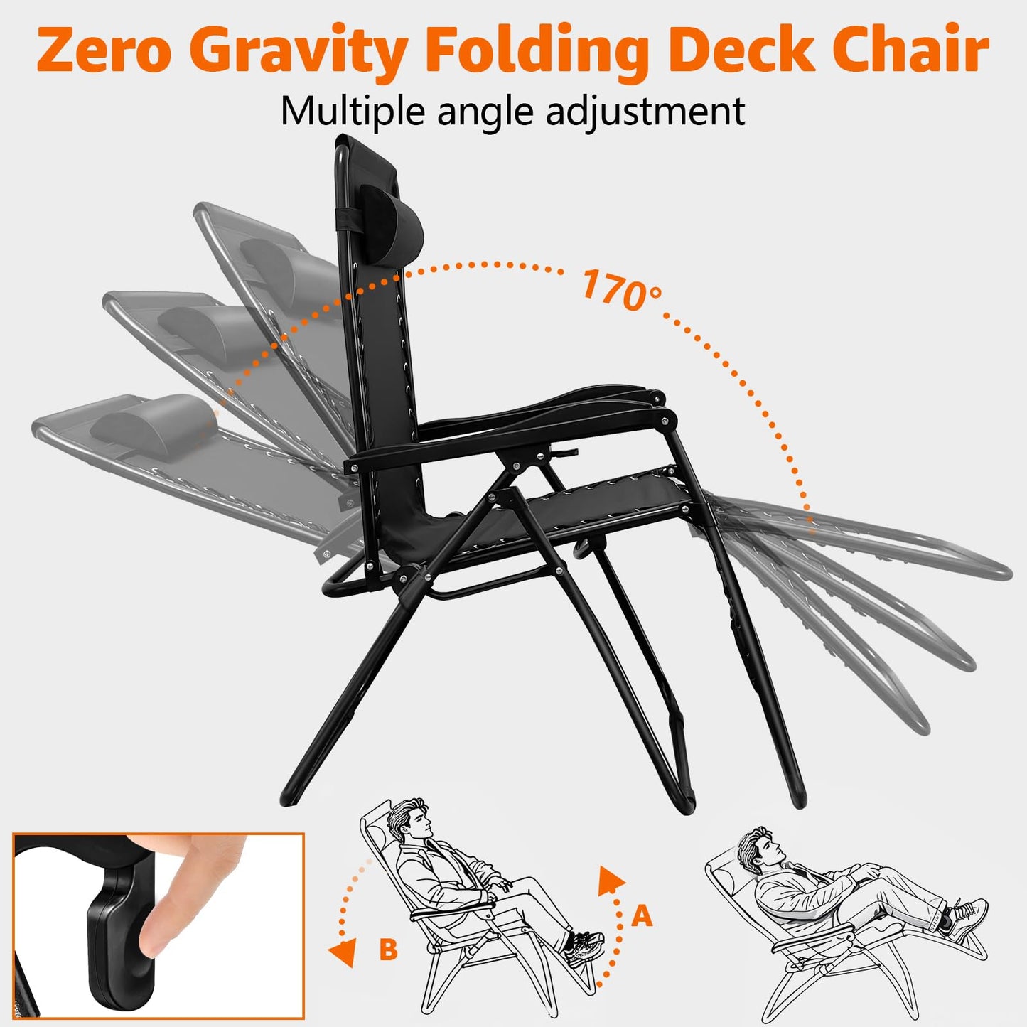 XYJBHB Zero Gravity Recliners Outdoor Adjustable Folding Reclining Lounge Chairs w/Pillows, Adjustable, Steel Frame, Black - Ideal for Patio Backyard Beach Black (2 Pack)