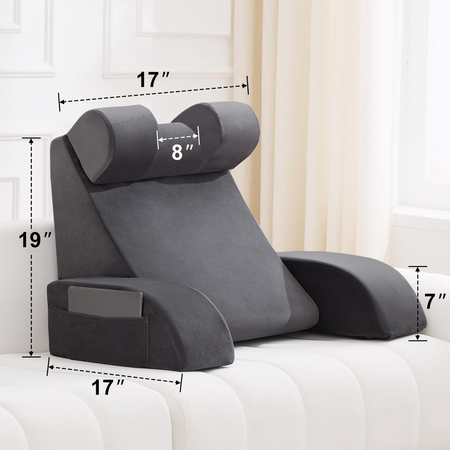 Velorose Reading Pillow for Sitting in Bed Adult, Back Pillow for Bed Sitting up, Backrest Pillow with Arms, Back Support Pillows for Gaming Lounging Watching TV, Medium 19" Grey