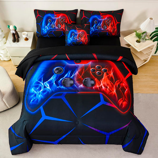 ZSYAYAHA Boys Twin Comforter Set Gaming Bedding Set for Kids Teens Soft Microfiber 6 Pieces Gamer Bed in A Bag Set Red and Blue Geometric Gamepad Bedding Set for All Season(Red Blue, Twin)