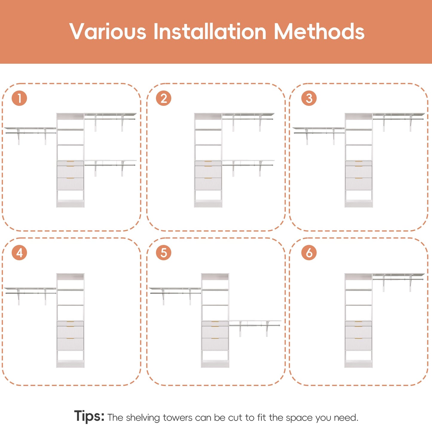 Closet System, 8FT Closet Organizer with 3 Wooden Drawers, Walk-in Closet Wardrobe Clothes Rack with 3 Expandable Hanging Rods, Garment Rack, White