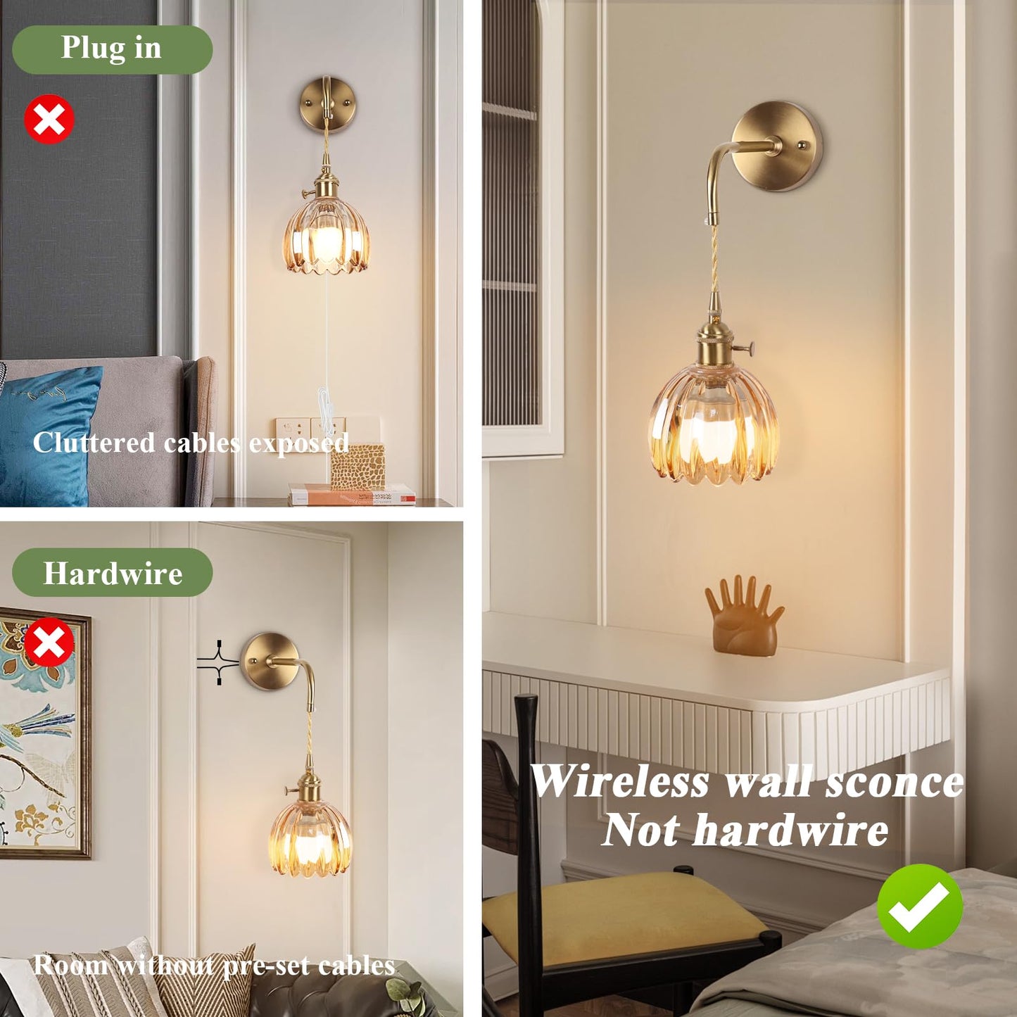 Vintage Battery Operated Wall Sconces Sets Of Two,Indoor not Hardwired Amber Tulip Glass Lampshade Fixtures,Rechargeable Wireless RGB Wall Lights with Dimmable Remote Control,for Bedroom Living Room