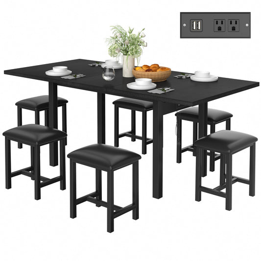 VECELO 7-Piece Dining Table Set with 6 Square Stools, 63" Expandable Kitchen Table with USB Charging & Metal Frame for 2/4/6, Wood Dinette Perfect for Small Spaces, Easy Assembly, Black