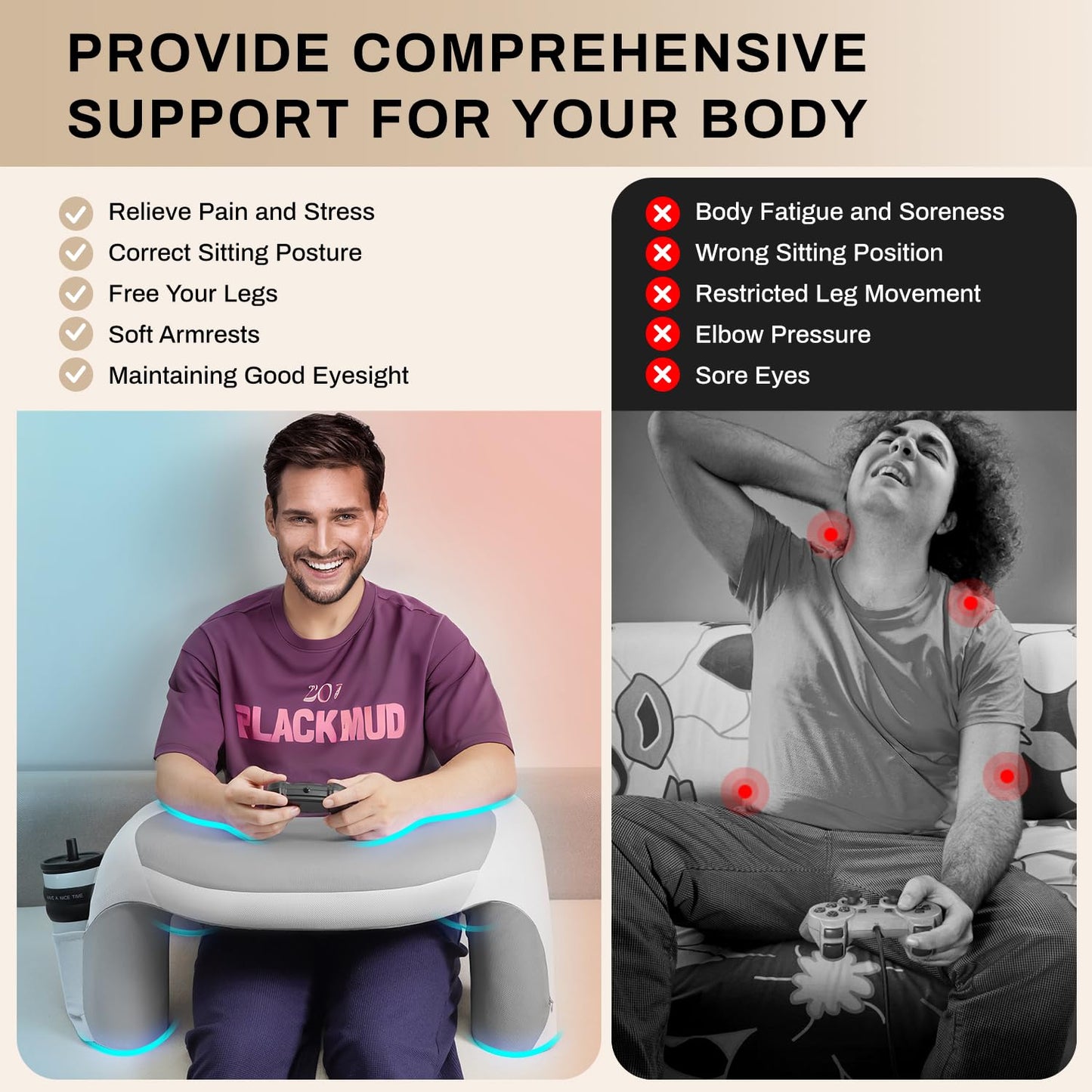 WOGAHEV Laptop Lap Desk, Reading Pillow for Bed, Memory Foam Arm Rest Support Gaming Pillow with Cup/Phone Pocket, Laptop Lap Desk for Working, Gaming, Reading on Couch Bed Floor- White