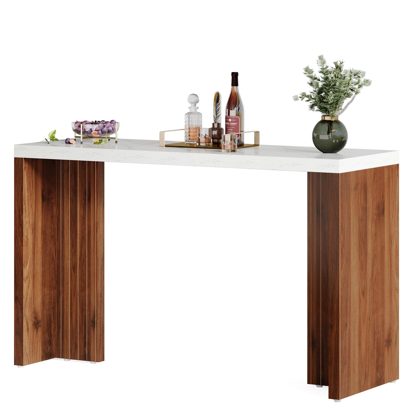 Tribesigns Home Bar Unit, 55.12-Inch Bar Table with a Faux Marble Finished Tabletop, Modern Freestanding Mini Bar for Home Kitchen, Living Room, Balcony, Basement, Walnut & White