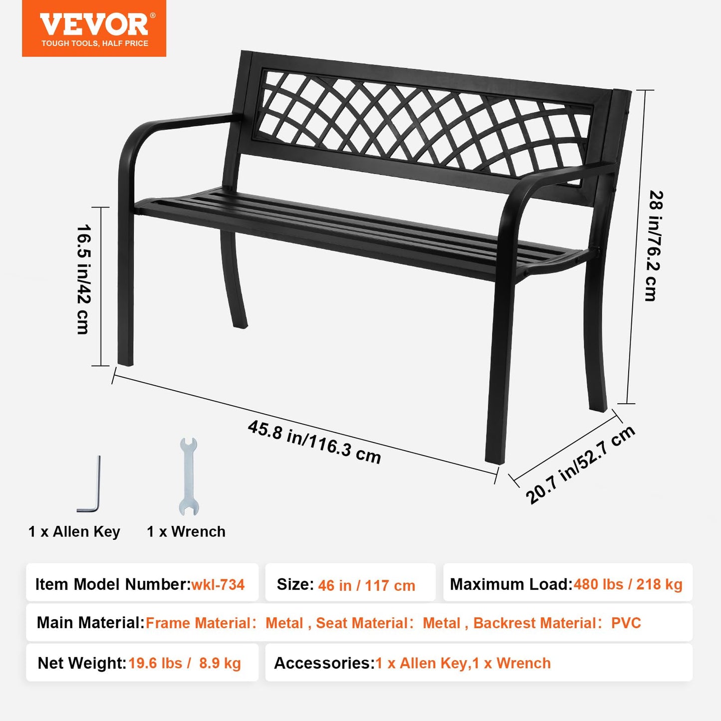 VEVOR Outdoor Bench, 46" Iron Steel Frame Garden Park Bench with Mesh Pattern and Plastic Backrest Armrests, Patio Bench for Garden, Park, Yard, Front Porch