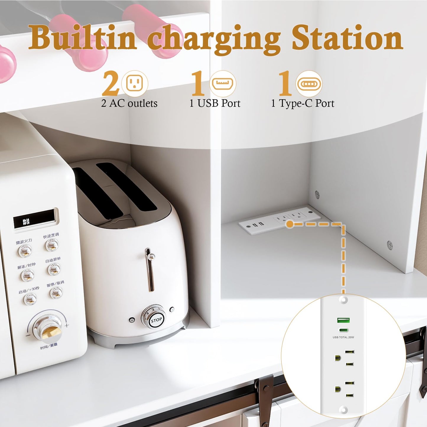 71" Kitchen Pantry Storage Cabinet with Charging Station, Farmhouse Coffee Bar Cabinet with Adjustable Shelves, Tall Hutch Cabinet with Microwave Stand & Wine Rack for Kitchen, Living Room (White)