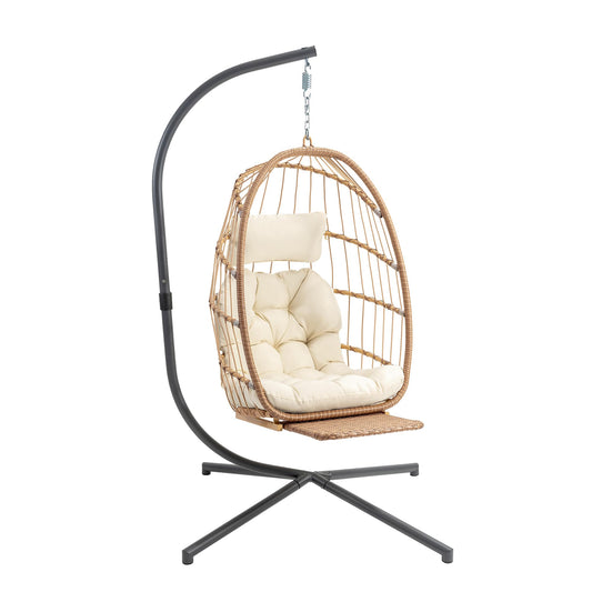 Yechen Hanging Egg Chair with Stand and Footrest for Indoor Outdoor, Foldable Wicker Rattan Patio Egg Swing Chairs Hammock Egg Chair with UV Resistant Cushion for Bedroom Porch, 350 Lbs Capacity