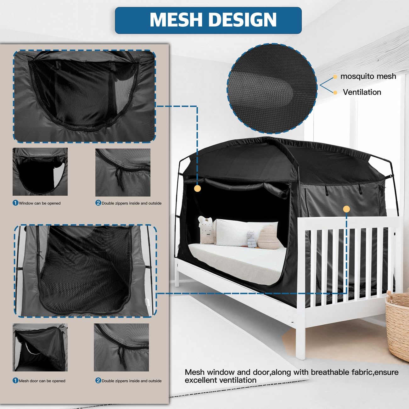 Bed Tent,Portable Privacy Sleeping Bed Canopy,Blackout 90% Drapes for Kids and Adult,Full Size Indoor Space Tent with Breathable Large Mesh Windows(Black, Full)