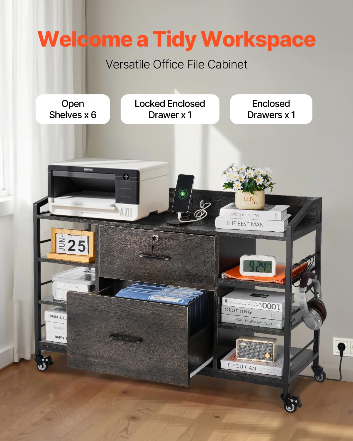 VEVOR 2 Drawers Metal File Cabinet, Lateral Filing Cabinet with Lock and 6 Open Shelves, Wooden Wide Filing Storage Cabinets with Power Strip for Letter, A4, Legal Size File, Easy Assembly, Gray