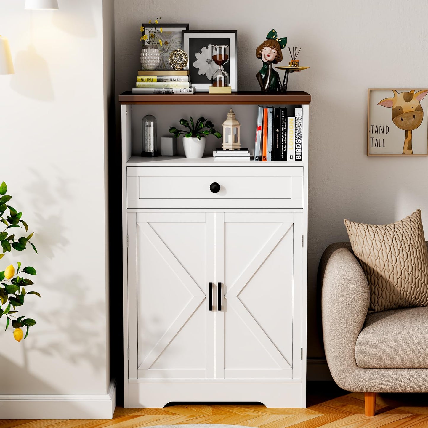 Viroformo White Floor Cabinet, Farmhouse Storage Cabinet with Barn Doors and Drawer, Freestanding Adjustable Shelf Cabinets for Bathroom, Kitchen, Living Room