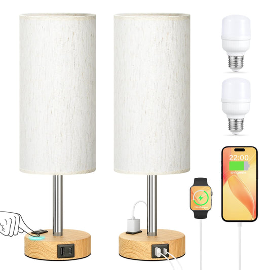 Touch Bedside Table Lamps Set - 3 Way Dimmable Bedroom Lamps Set of 2 with USB C and A Ports, Small Lamps for Nightstand with AC Outlet, Wood Base Round Flaxen Shade for Desk, Office, Dorm, Nursery
