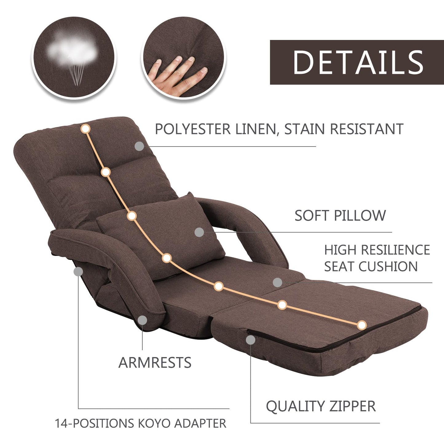 DeeLyan Indoor Floor Chair with Armrest and Pillow Folding Chaise Lounge Sofa 14-Position Adjustable Comfy Gaming Recliner Chair Padded Seats for Adults (Brown)