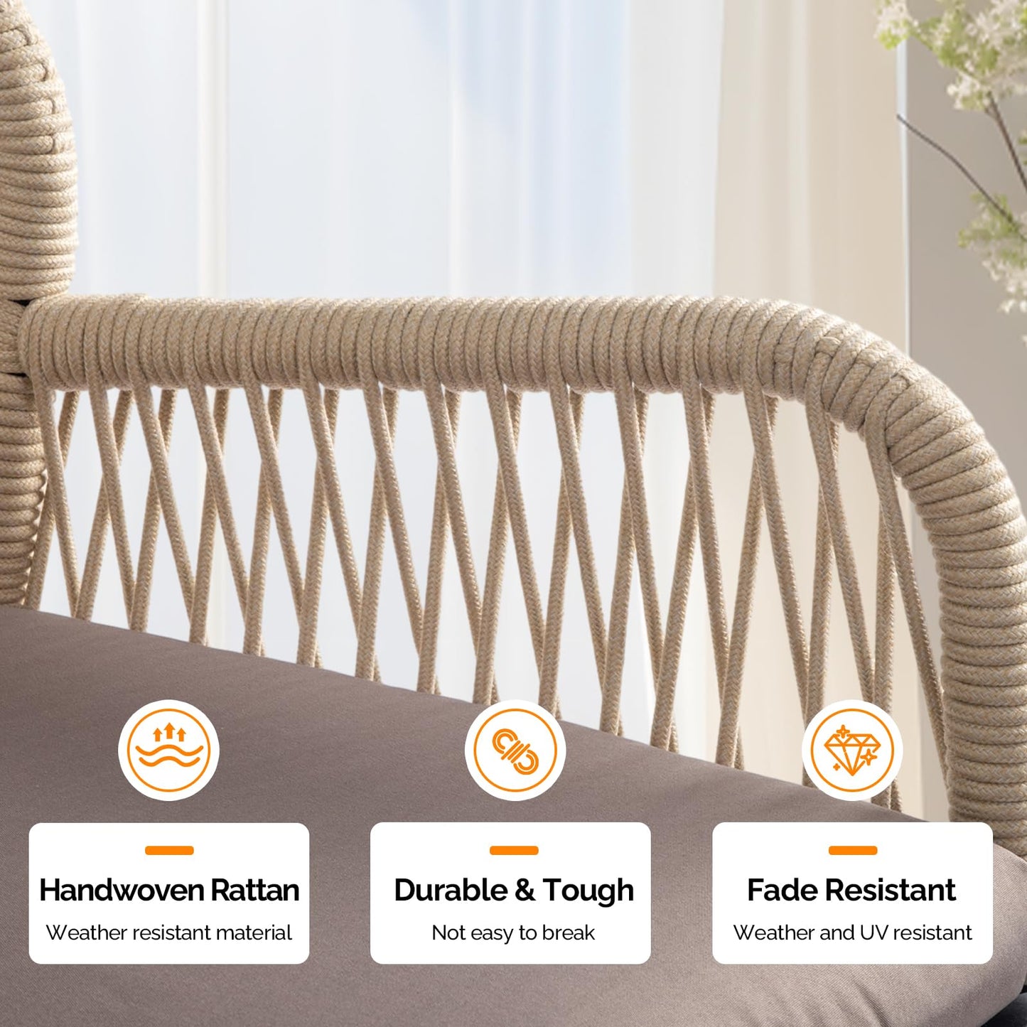 VINGLI Outdoor Bar Stools Set of 2, Heavy-Duty Outdoor Barstools Boho Woven Patio Bar Stools with Backrest, Patio Garden Balcony Pool Bar Chairs with Cushions (Apricot)