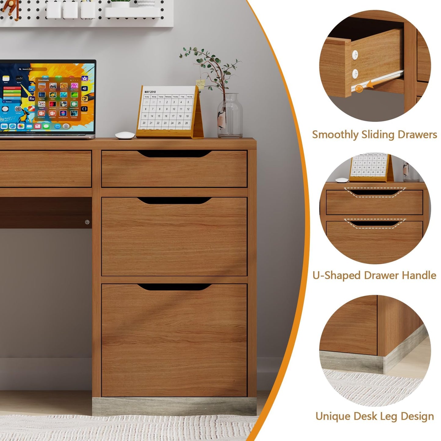 MaverickFurni 52 Inch Desk with 4 Drawers, Small Computer Desk for Small Space, Home Office Desk with Storage File Cabinet for Bedroom, Brown