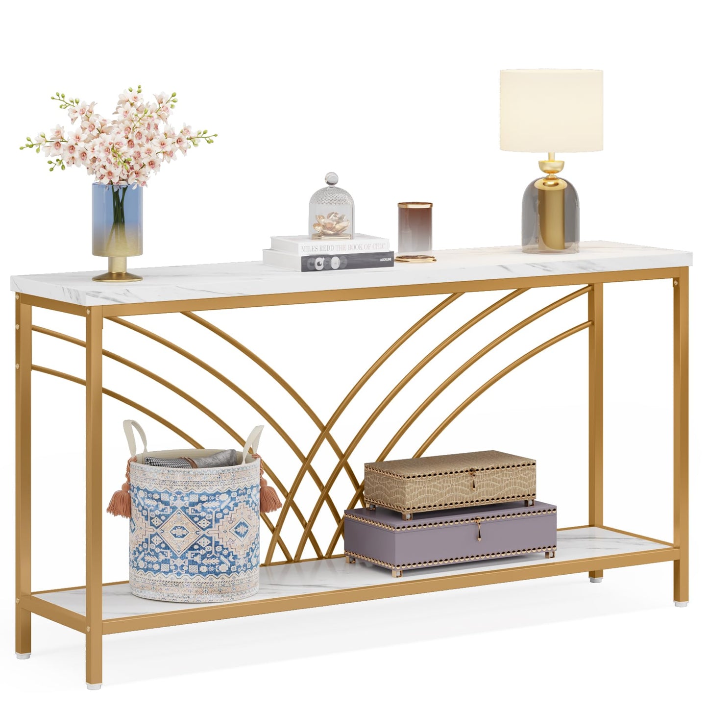 Tribesigns 70.9 inch Extra Long Console Table, Faux Marble Entryway Table with 2 Tier Storage Shelf, Narrow Sofa Table Behind Couch, Modern Hallway Accent Table for Living Room, White and Gold
