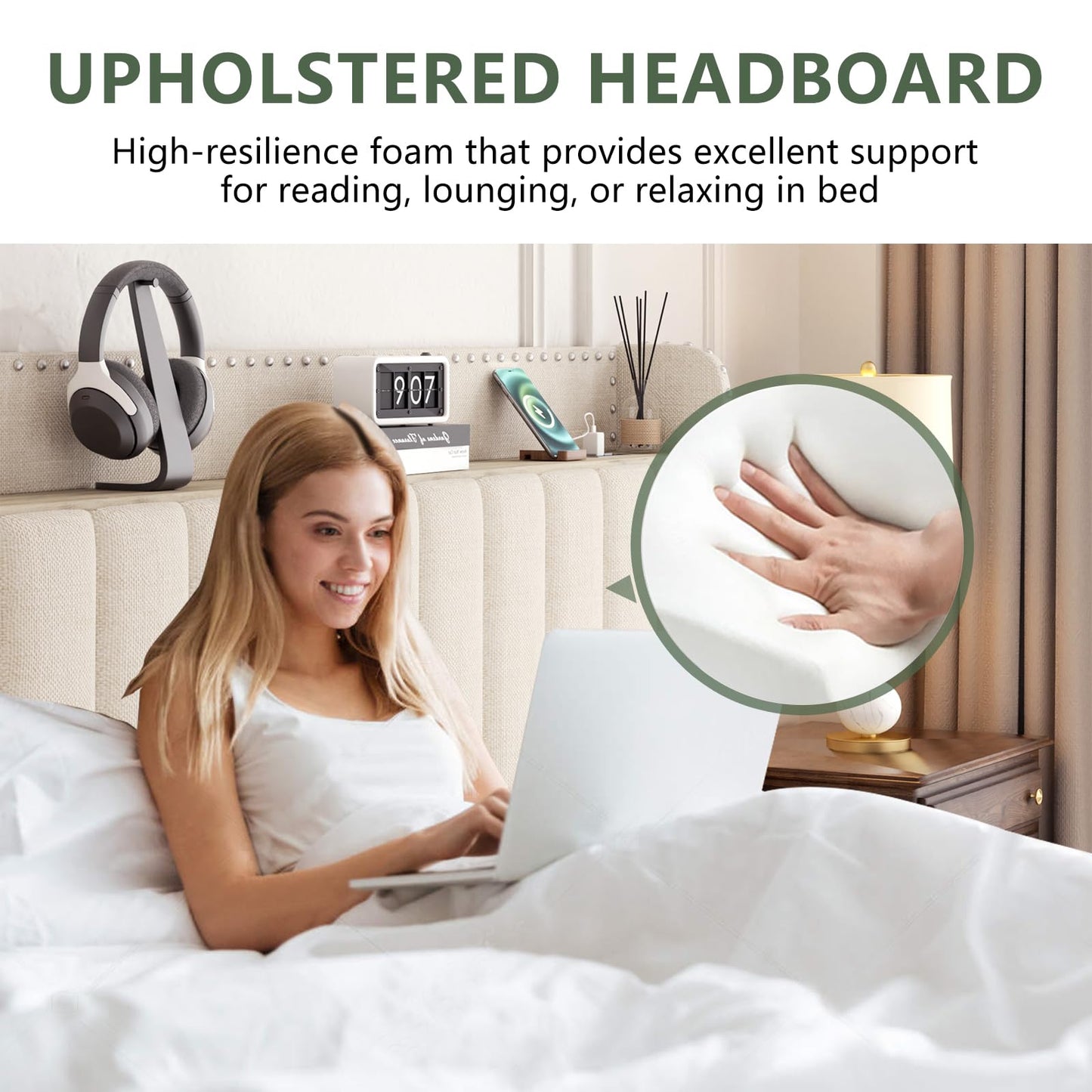 viplov Queen Bed Frame with Headboard and Storage, Platform Bed Frame with 2 Drawers, Upholstered Bed Frame with Storage, Built-in Charging Station, No Box Spring Needed, No-Noise, Beige