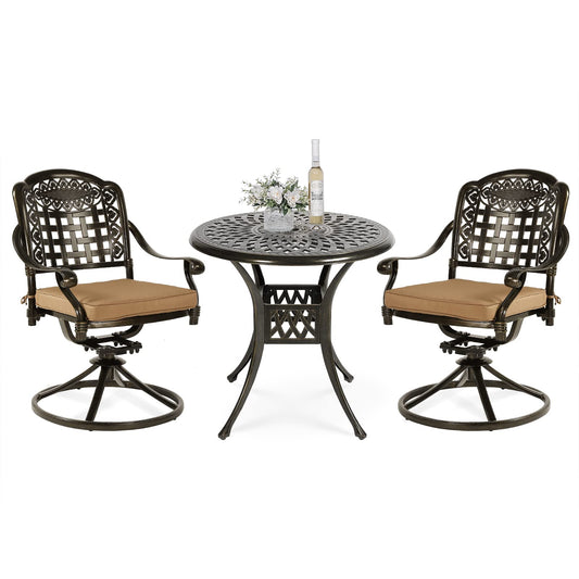 VIVIJASON 3-Piece Patio Bistro Set, Outdoor All-Weather Cast Aluminum Furniture Dining Set, Include 2 Swivel Chairs and 31" Round Table w/Umbrella Hole for Balcony, Lawn, Garden, Antique Bronze