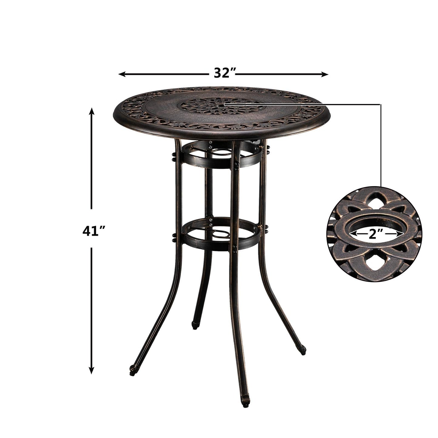 VINGLI 3 Piece Outdoor Patio Bar Set, Cast Aluminum Outdoor Swivel Bar Stools and Table w/Umberlla Hole, All-Weather Outdoor Bar Table and Chairs High Top Bistro Set w/Cushions (Grid Back)
