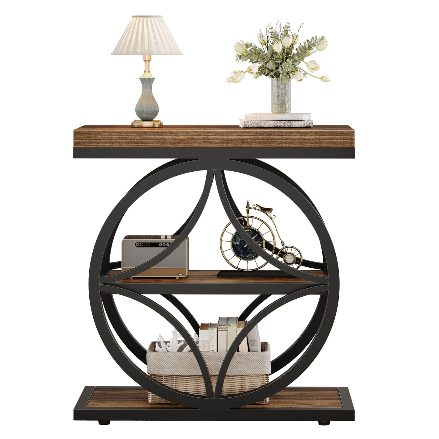 Tribesigns Side Table for Living Room, Narrow Small End Table with 3-Tier Storage, Wooden Industrial Bedside Nightstand with Metal Frame, Rustic Brown