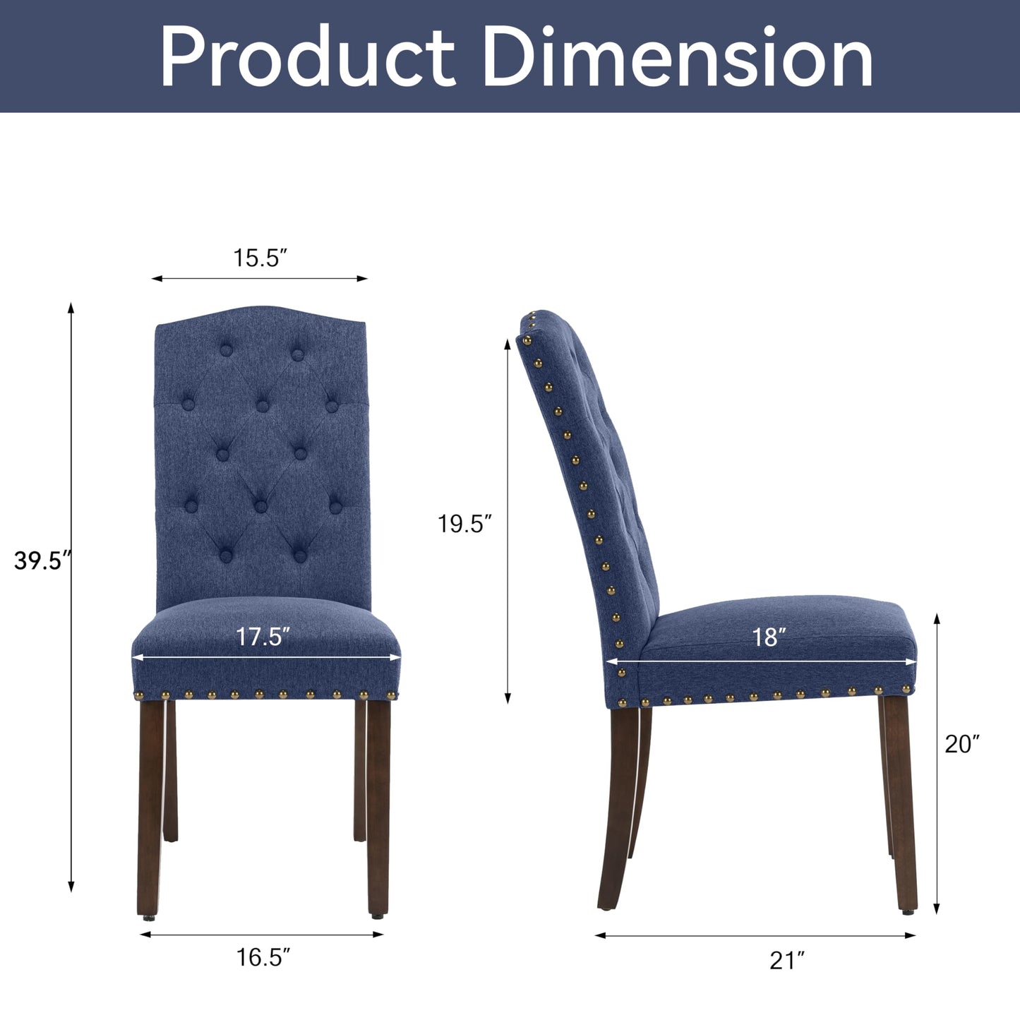 VKNOW Button Tufted Dining Chairs Set of 4, High Back Dining Room Chairs with Wood Legs, Upholstered Fabric Side Kitchen Chairs for Kitchen Dining Room, Navy Blue