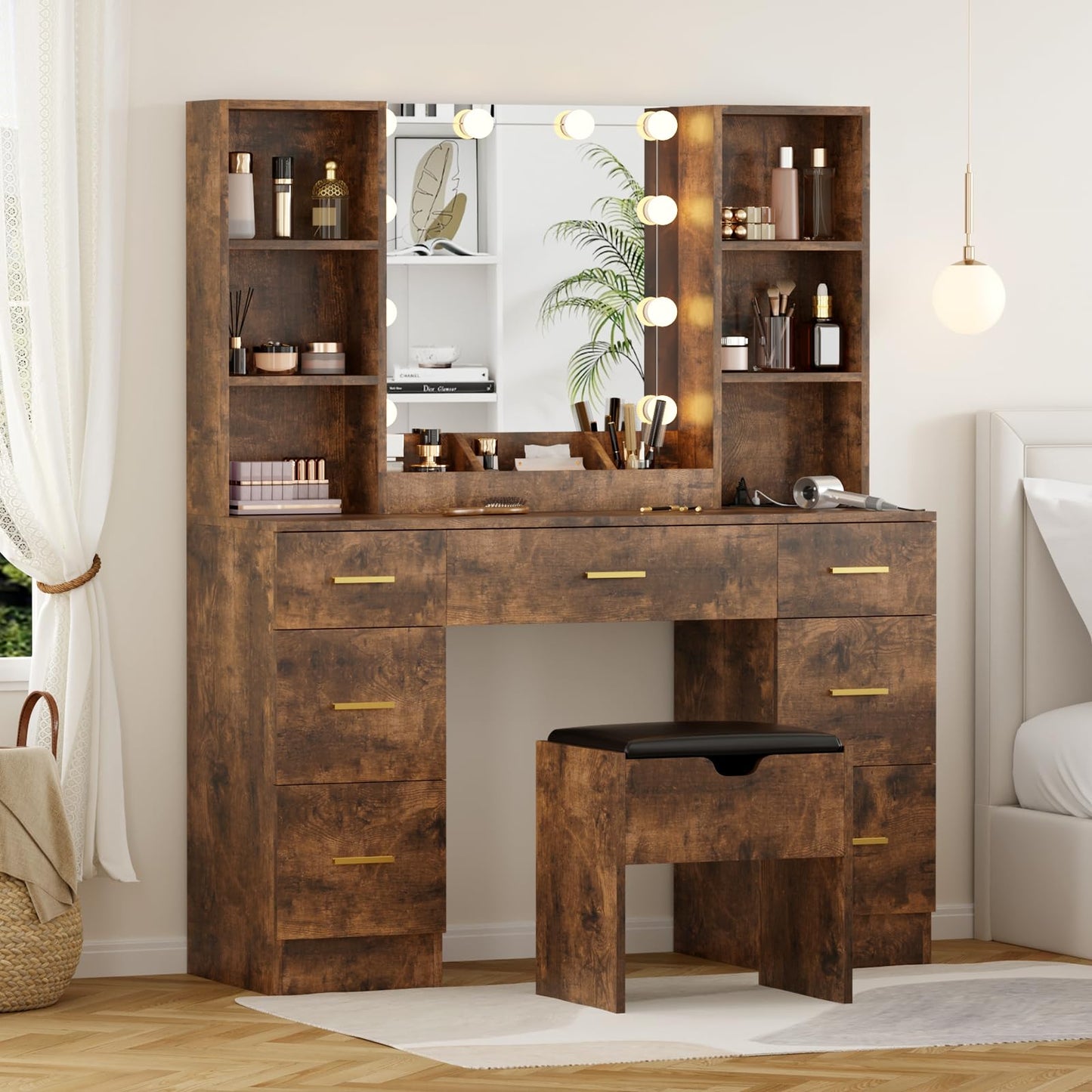 Garvee 56" Modern Vanity Set with LED Lighted Mirror,Farmhouse Makeup Vanity with Power Outlet&Storage Shelves,Bedroom Dressing Table for Women&Girls,3 Lighting Modes,Brightness Adjustable(Brown)