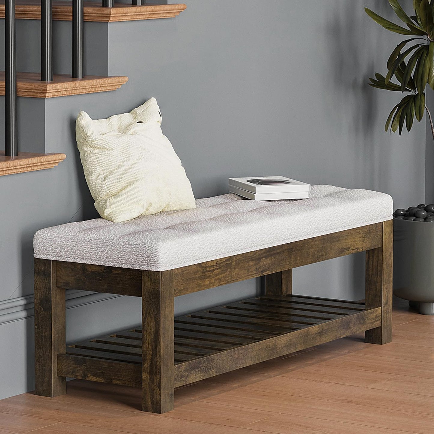 Welfuturer Large Upholstered Ottoman Bench Entryway Storage Benches Tufted Linen Ottoman Bench with Solid Wood Shelf Padded End of Bed Bench for Bedroom Living Room Hallway Decor