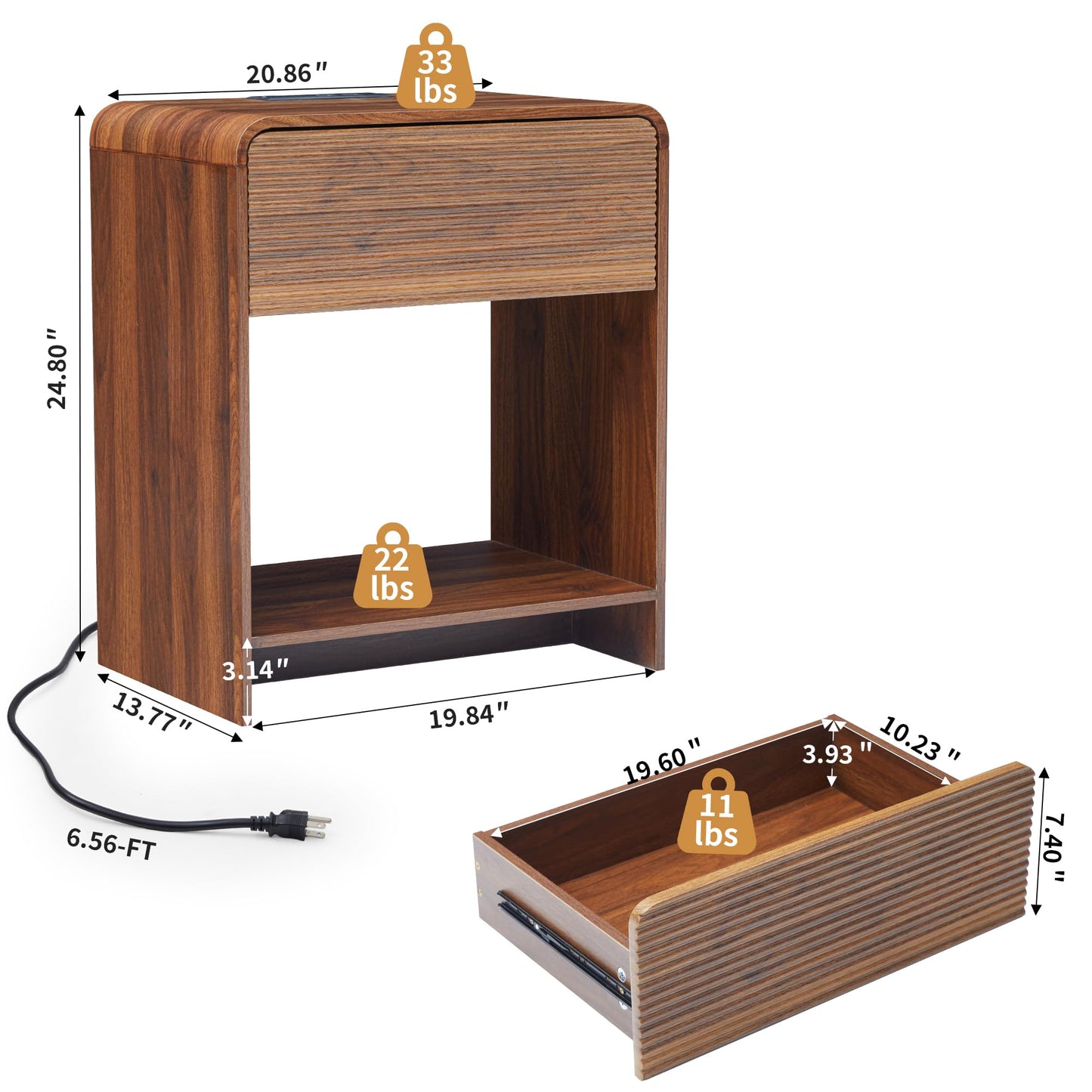 XUZENEST Fluted Nightstand Set of 2 with Charging Station, Modern Bed Side Table End Table with Drawer Storage, Large Wooden Night Stands Bedside for Bedroom Living Room Sofa Office, Walnut 2 Sets