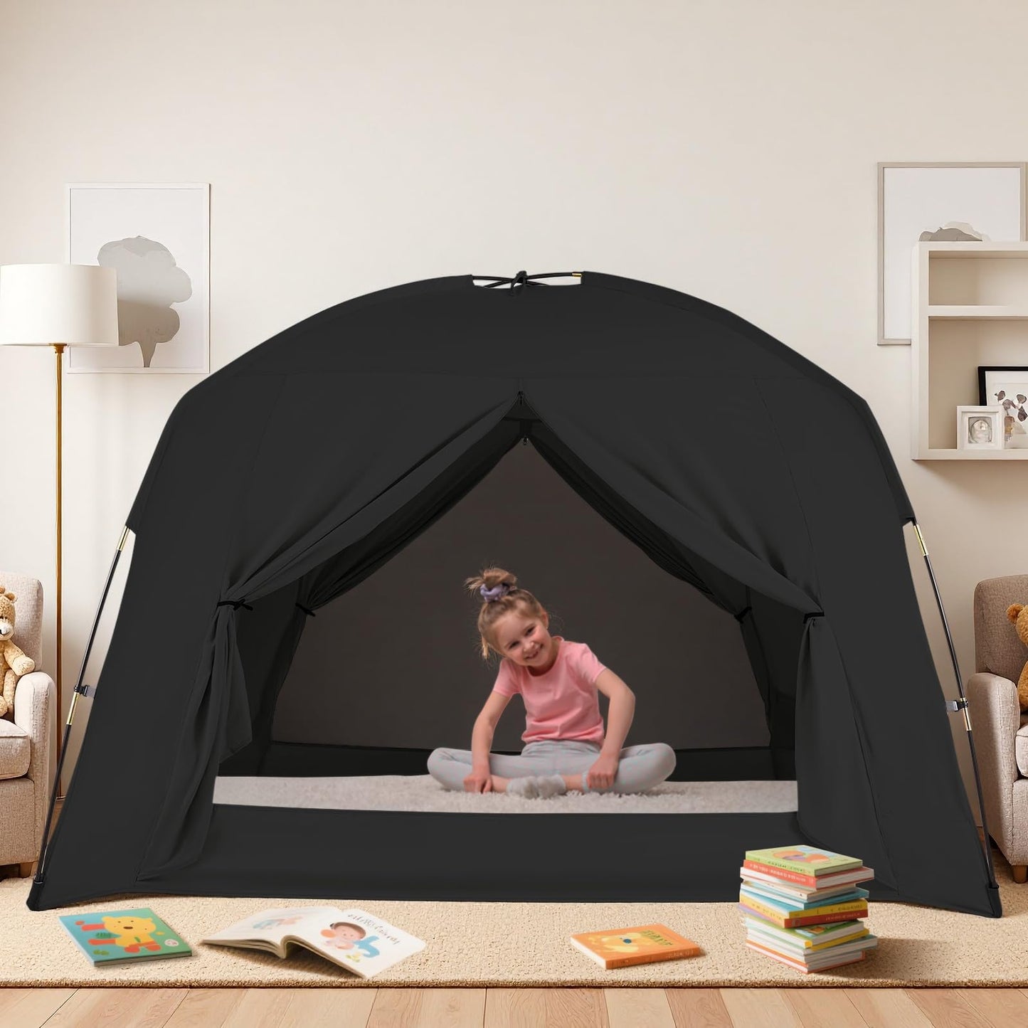 Bed Tents for Kids and Adult, Portable 100% Breathable and 93% Blackout Toddler Dream Play Tent, 3 Doors Big Privacy Space Sleeping Canopy for Floor or Twin Full Queen Sizes Bed (Black, Twin-Size)