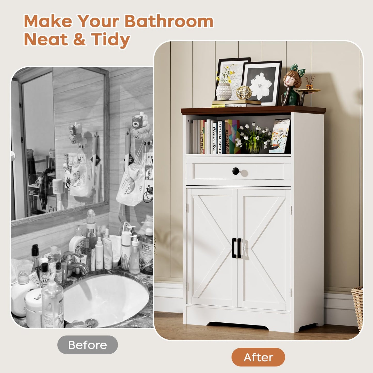 Viroformo White Floor Cabinet, Farmhouse Storage Cabinet with Barn Doors and Drawer, Freestanding Adjustable Shelf Cabinets for Bathroom, Kitchen, Living Room