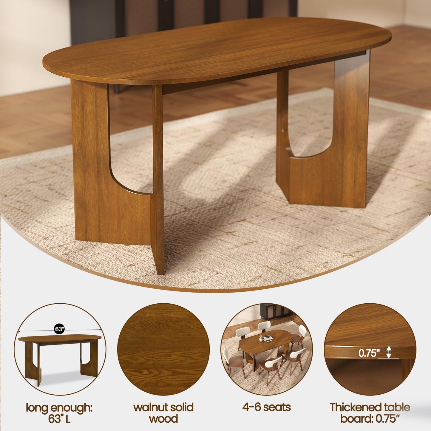 VESCASA Oval 63" L Dining Table with 47.25" L Bench, Walnut Wood Kitchen Table Set for Dining Room, Restaurant, 1 Table with 1 Bench