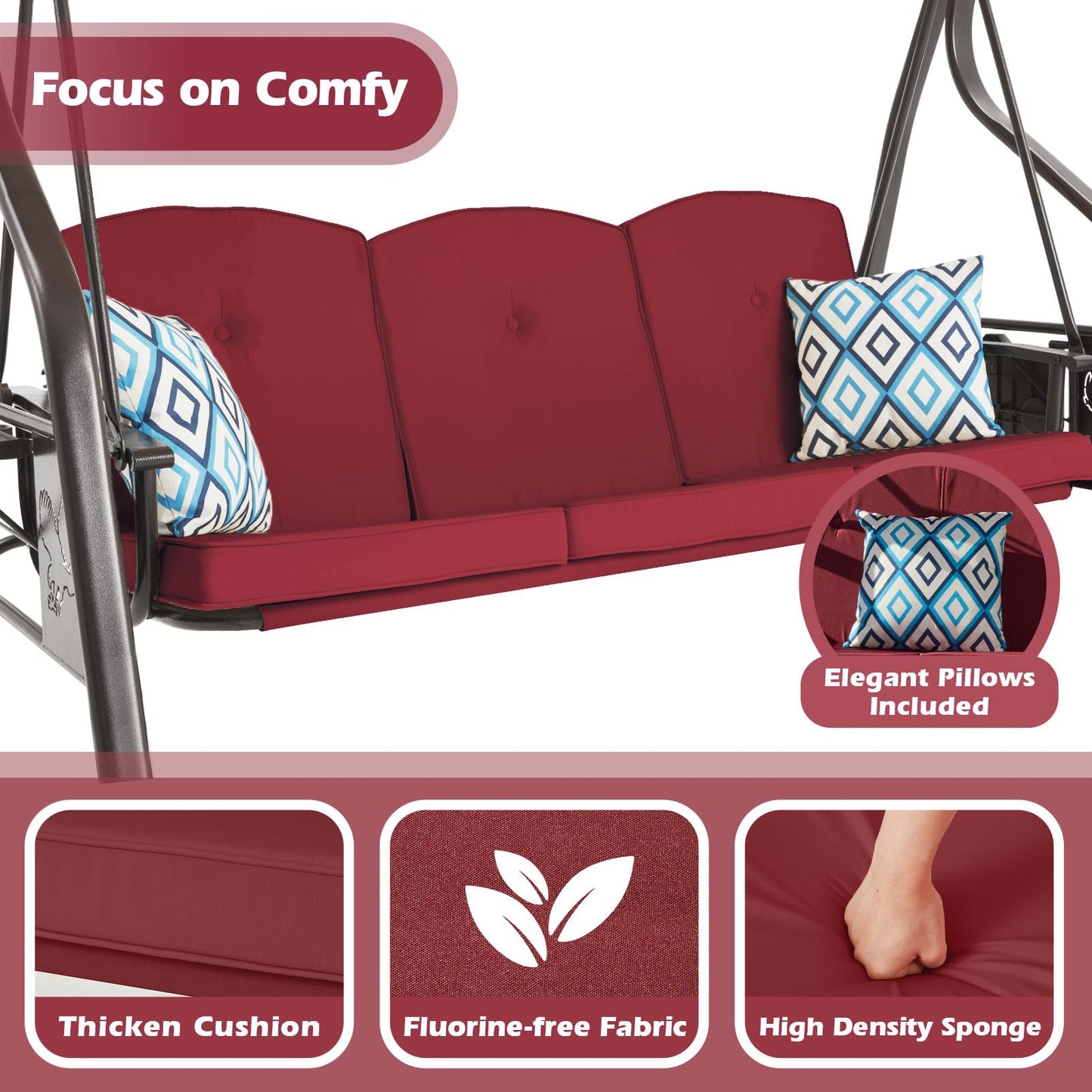 ZZW 3-Seat Outdoor Porch Swing with Stand, Patio Swing with Canopy, 2 in 1 Porch Swing Bed & Patio Swing Chair for Adult w/Extra Pillows and Cup Holder for Yard (Wine Red)