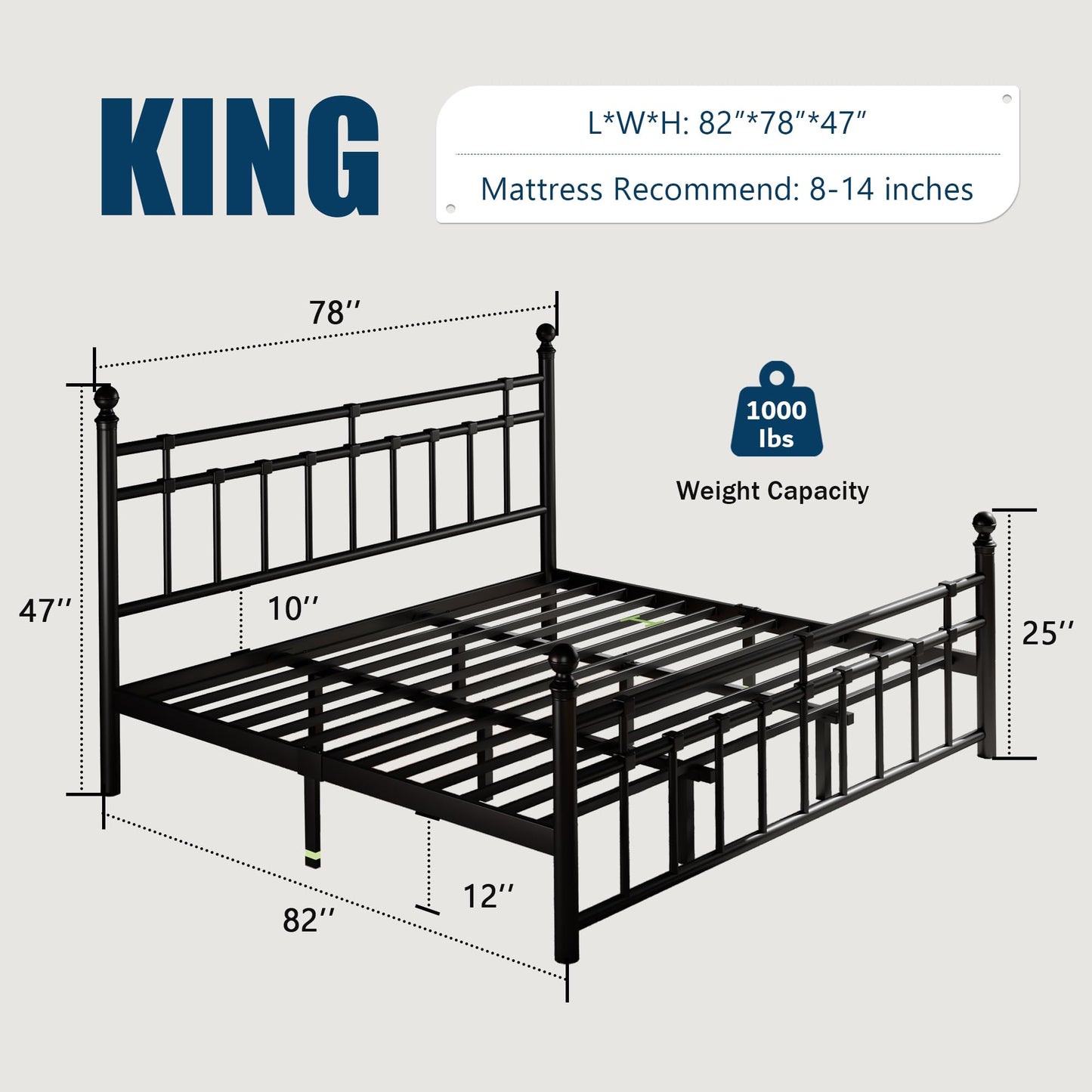 GalnFu King Size Metal Bed Frame, Platform Bed with Classic Wrought Iron-Art Headboard and Footboard, 12" Underbed Space, No Box Spring Needed, Easy Assembly, Noise-Free, Black