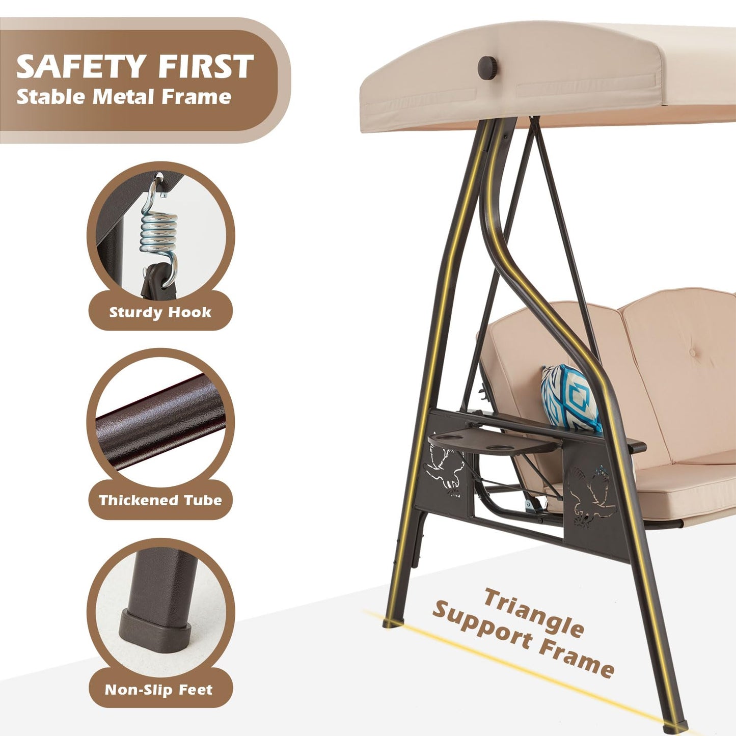 ZZW 3-Seat Outdoor Porch Swing with Stand, Patio Swing with Canopy, 2 in 1 Porch Swing Bed & Patio Swing Chair for Adult, w/Extra Pillows and Cup Holder for Yard