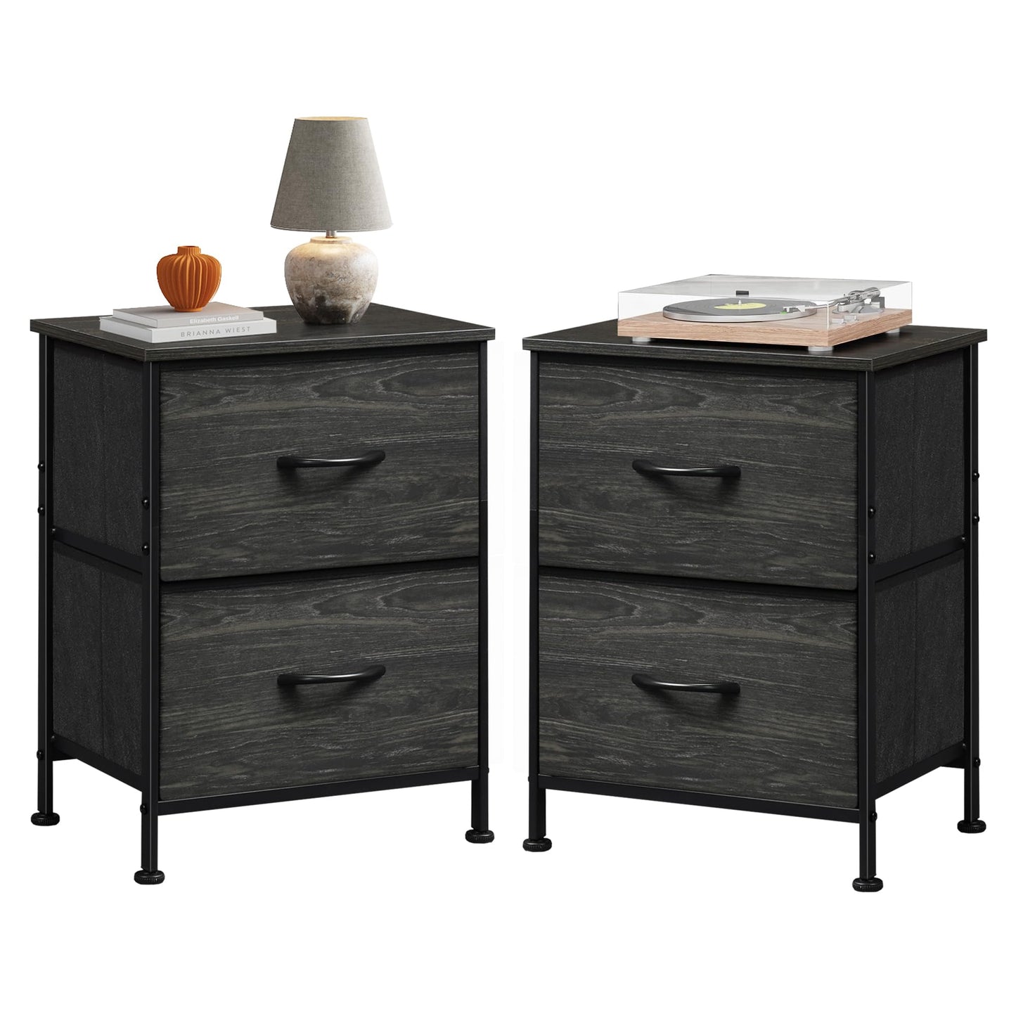 WLIVE Night Stand Set 2, Nightstand with 2 Fabric Drawers, Small Dresser for Bedroom, Bedside Table for Small Spaces, Dorm, Charcoal Black Wood Grain Print