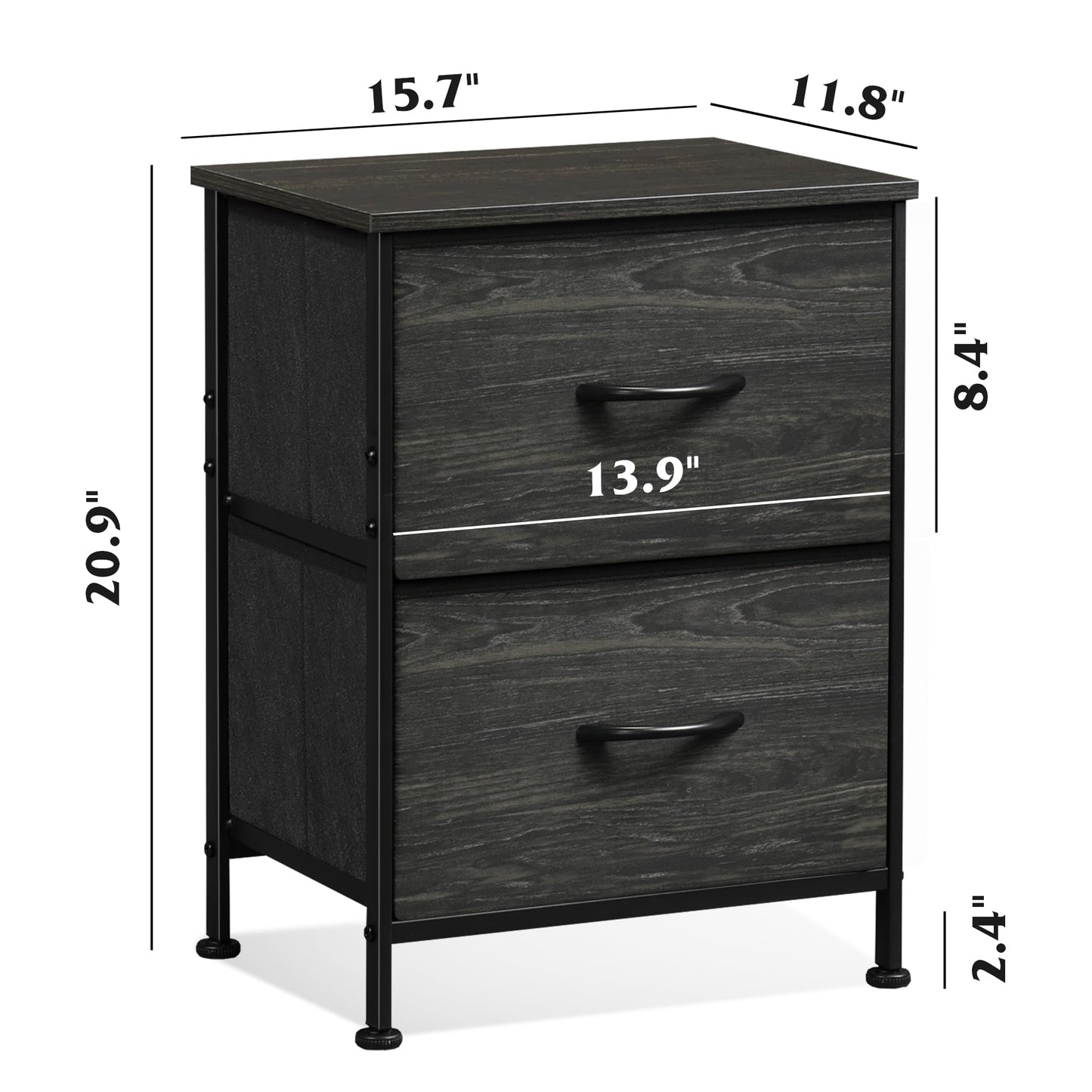 WLIVE Night Stand Set 2, Nightstand with 2 Fabric Drawers, Small Dresser for Bedroom, Bedside Table for Small Spaces, Dorm, Charcoal Black Wood Grain Print