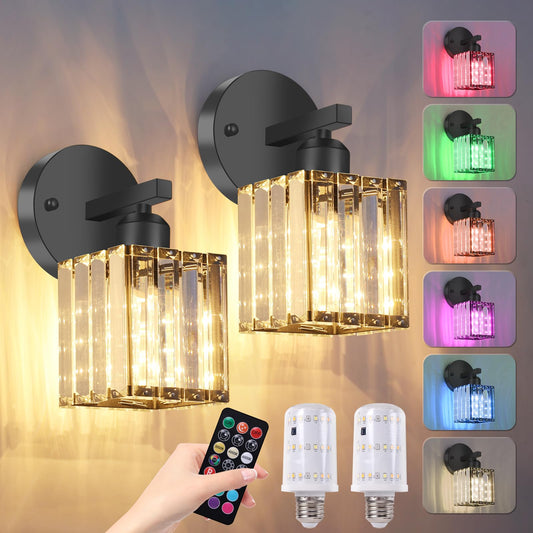 ZAUKNYA Battery Operated Wall Sconces Set of 2, Rechargeable Wireless Sconces with Remote Dimmable 12 Colors Crystal Battery Wall Sconce Set of Two for Bedroom Living Room Hallway (Black)