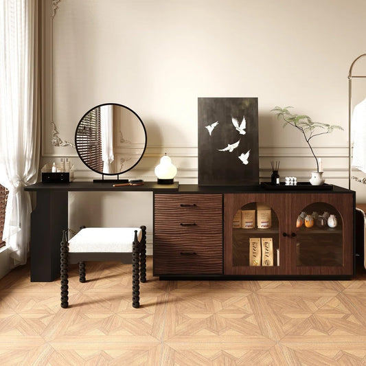 Trroec Adjustable L-Shaped Corner Table with 3 Drawers and 2 Glass Cabinet Doors Length 65.75"-94.48" Expandable Wooden Vanity and Desk Combo Side Storage for Bedroom Dressing Room Study