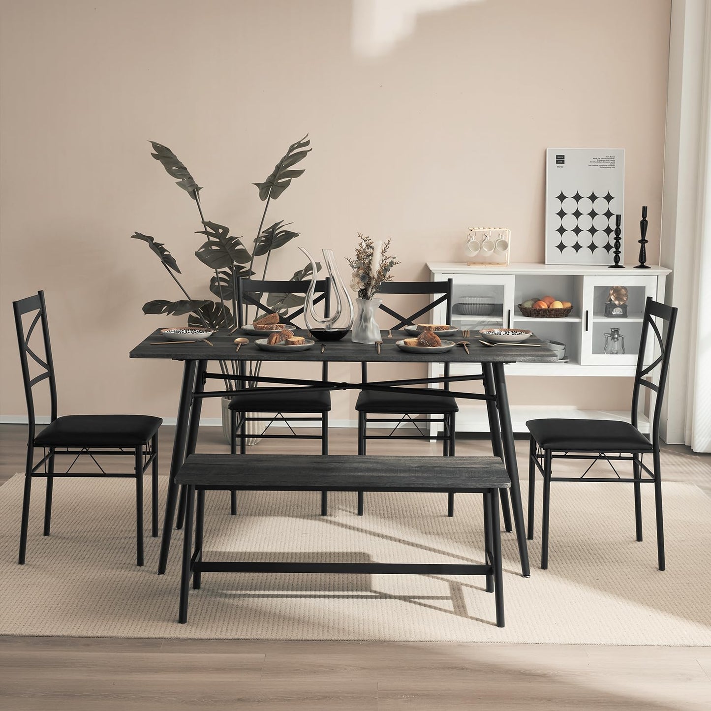 VINGLI Dining Table Set for 6,Farmhouse Rectangular Kitchen Dining Table,4 Chairs & Bench,Wooden Dinner Table Set with Upholstered Chairs for Kitchen, Dining Room, Apartment,Dark Grey,55in