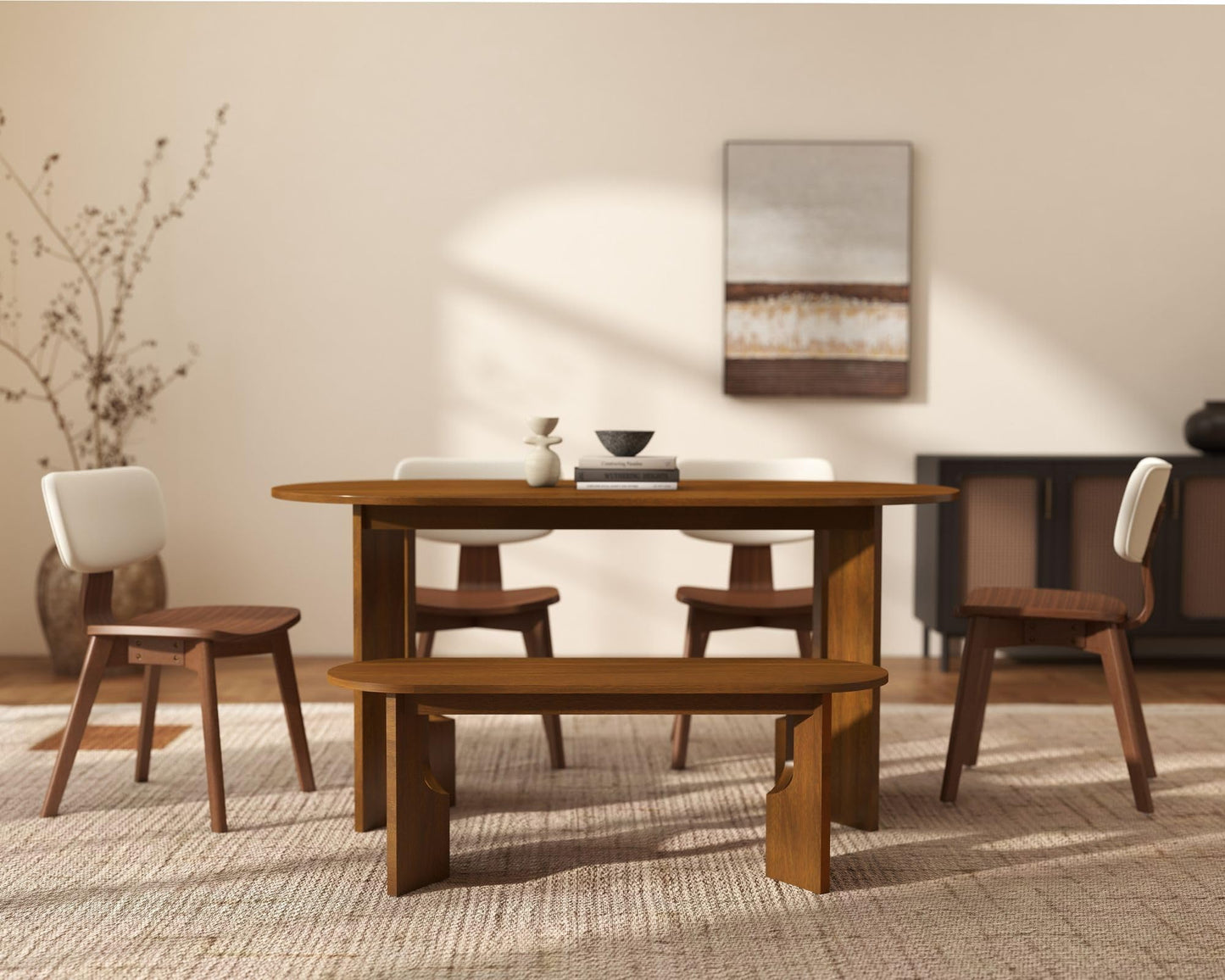 Wooden Dining Bench, 47-Inch Long Kitchen Bench, Mid Century Modern Entryway Bench for Dining Room, Entryway, Living Room, Hallway, Easy to Assemble (Walnut)